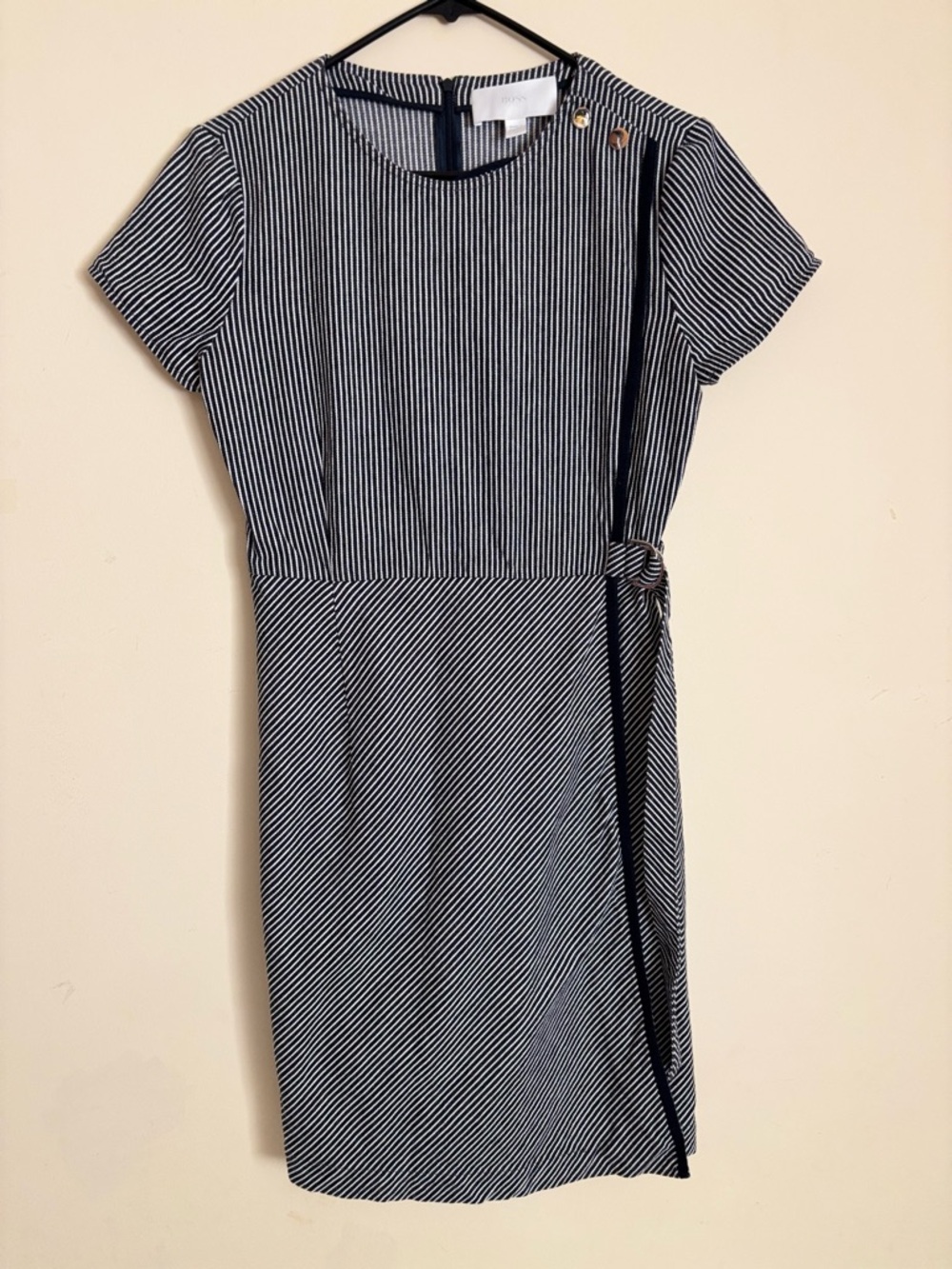 Boss Black and White Striped Below the knee Dress with Side Tie